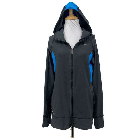 Nike Running Jacket Womens M Medium Gray Blue Full Zip Mock Neck Hooded Dri Fit - Picture 1 of 14